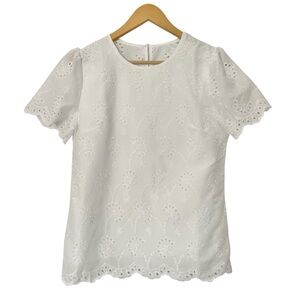 White Short Sleeve Shirt Eyelet Embroidered Cottagecore coastal Chic Boho
